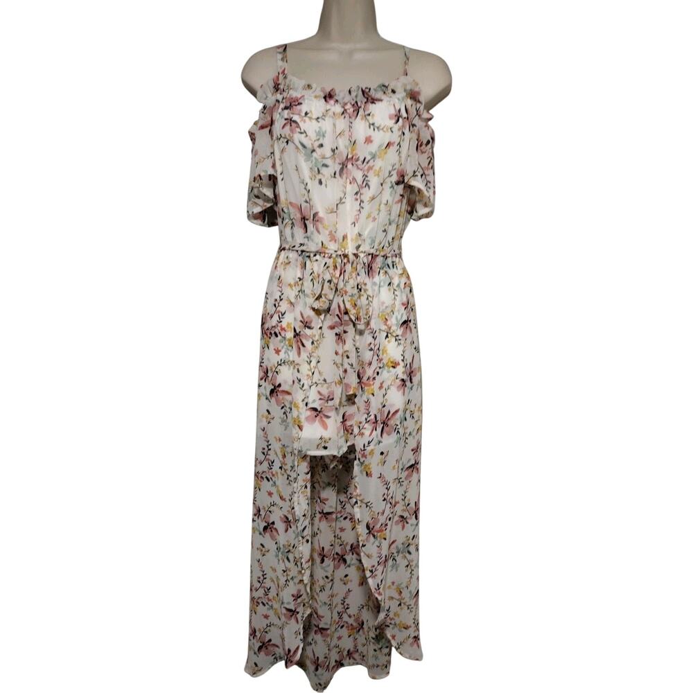As U Wish Womens Romper Dress Large White Floral Print Cold Shoulder Hi-Low Maxi